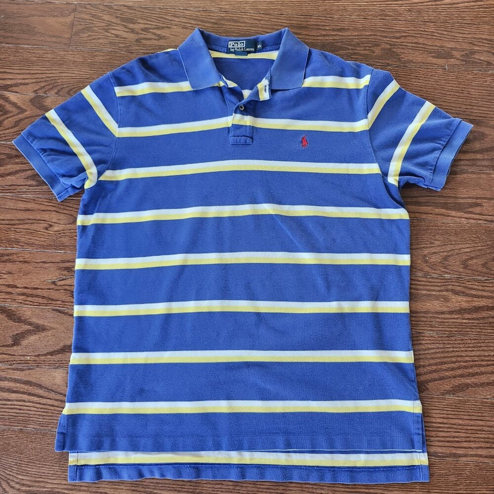 Ralph Lauren Golf Shirt Men Sz XL Yellow blue Striped Stretch Cotton Pony Logo